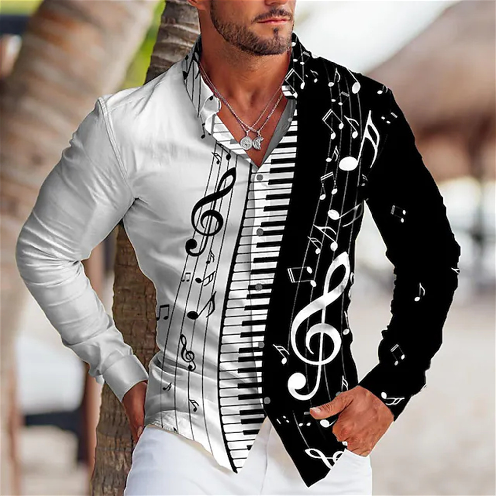 Musical Instrument Symbols - 2025 ฤดูร้อนผู้ชายเสื้อแขนยาวเครื่องดนตรีรูปแบบสัญลักษณ์พิมพ์คอ,คาร์ดิแกน,Street Casualเสื้อ