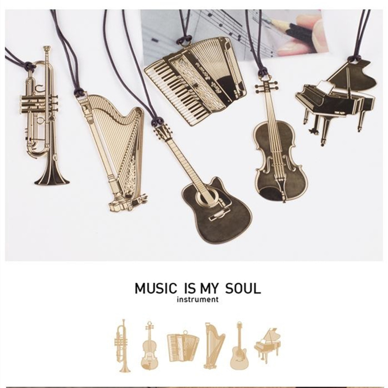 Musical Instrument Veena - 6PcsเพลงโลหะBookmark Goldสีเครื่องดนตรีเปียโนไวโอลินกีตาร์พิณที่คั่นหนังสือMarker Office A6832